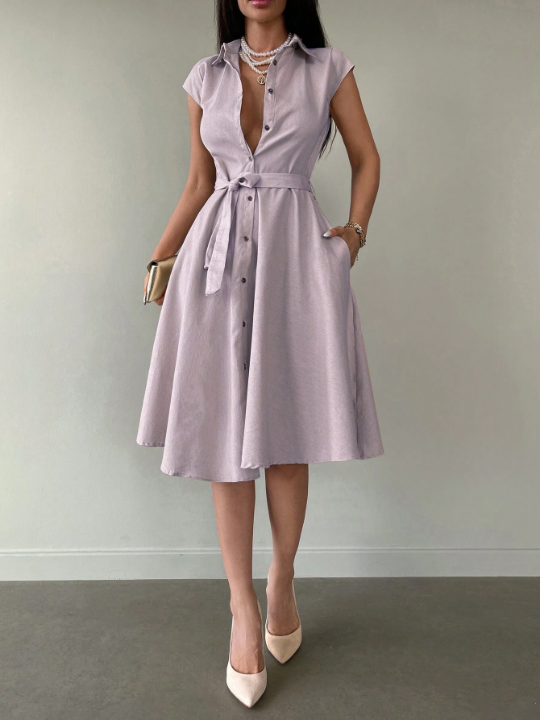 Solid Button Front Belted Shirt Dress