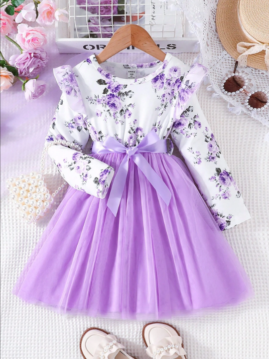 Young Girl Floral Print Ruffle Trim Mesh Hem Belted Dress