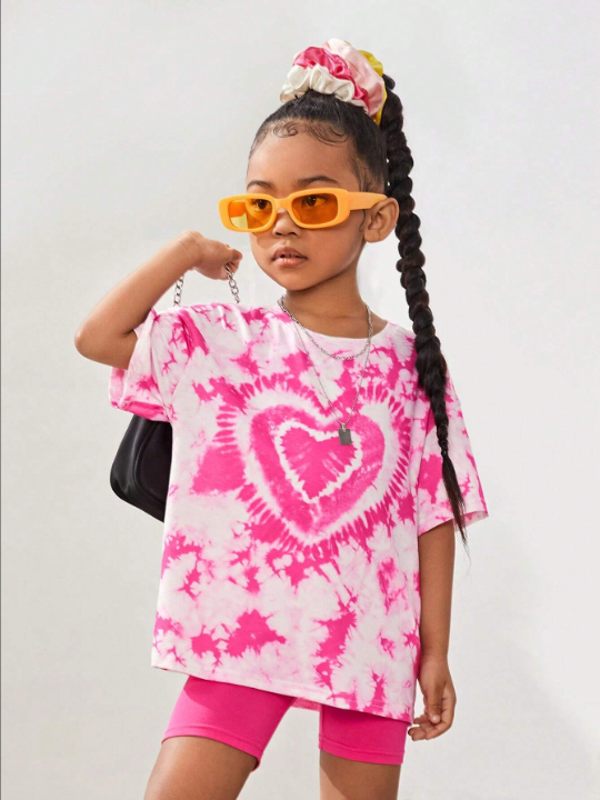 Young Girl American Vintage Knitted Tie-Dye Heart Pattern Round Neck Short Sleeve T-Shirt