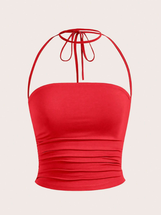 EZwear Tie Backless Ruched Halter Top