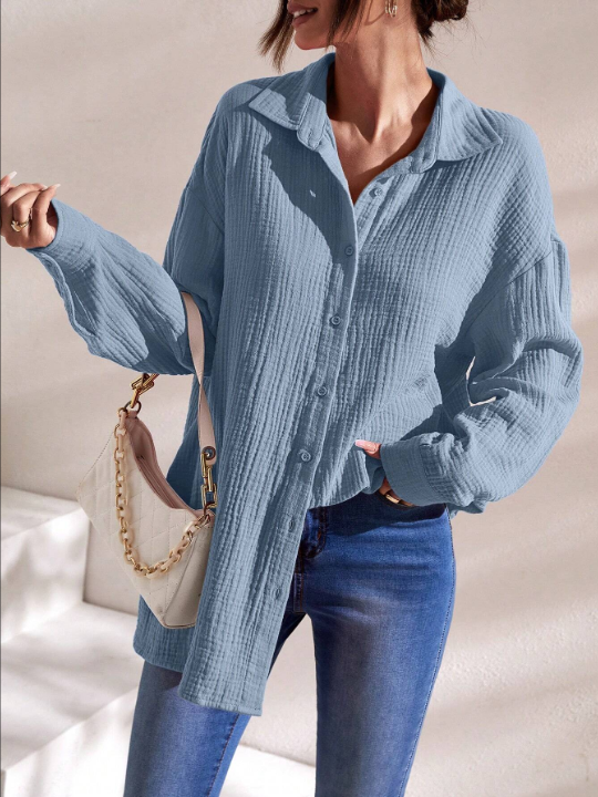 Frenchy Solid Drop Shoulder Button Front Shirt