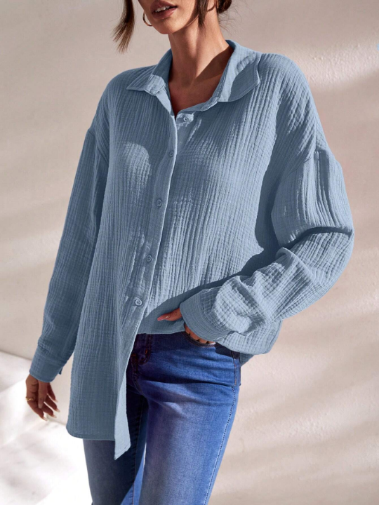 Frenchy Solid Drop Shoulder Button Front Shirt