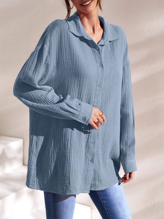 Frenchy Solid Drop Shoulder Button Front Shirt