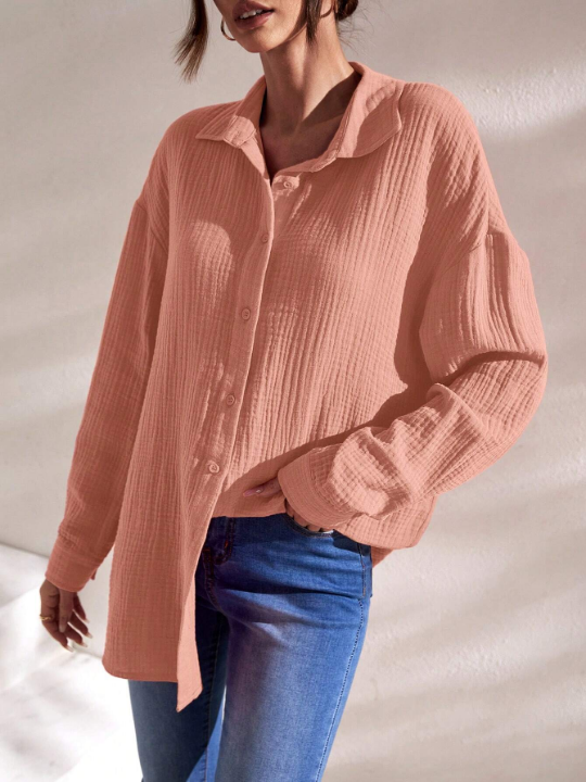 Frenchy Solid Drop Shoulder Button Front Shirt