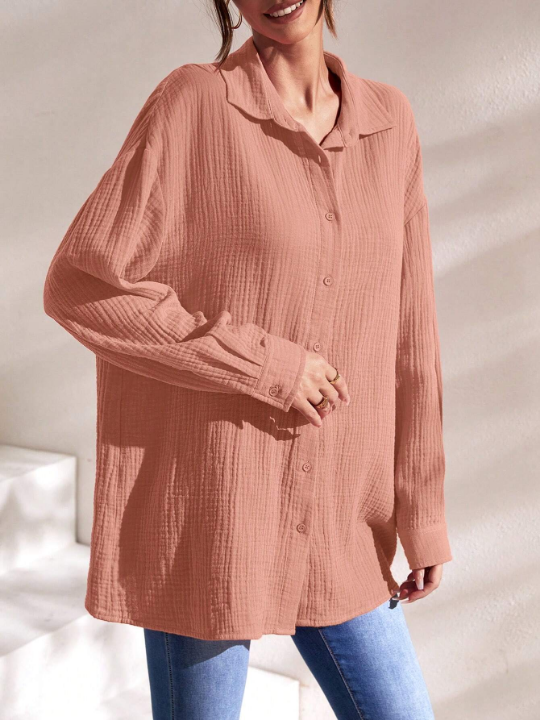 Frenchy Solid Drop Shoulder Button Front Shirt