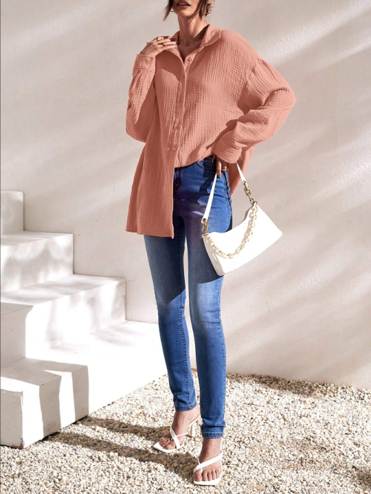 Frenchy Solid Drop Shoulder Button Front Shirt