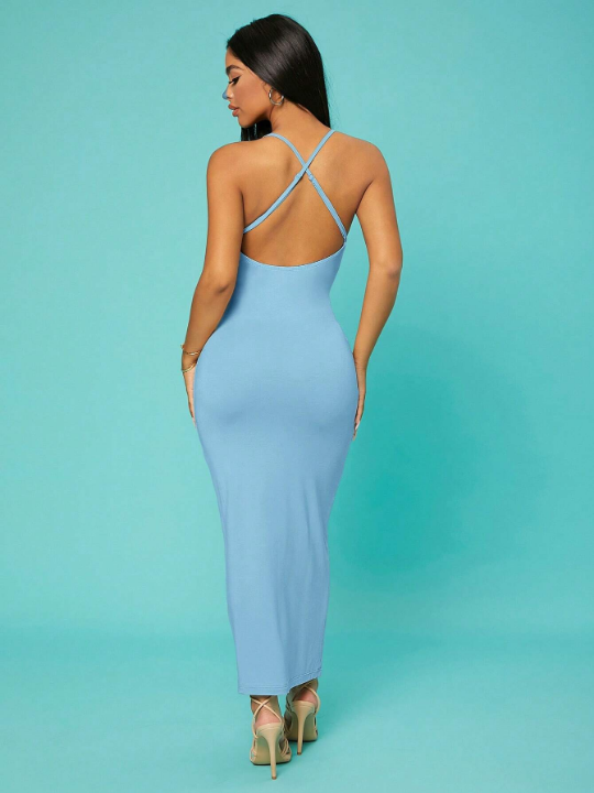 SXY Solid Criss Cross Backless Bodycon Dress