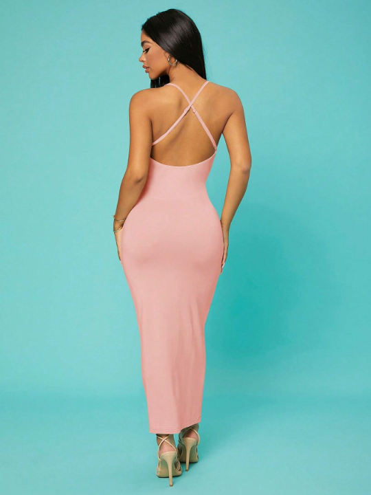 SXY Solid Criss Cross Backless Slip Dress