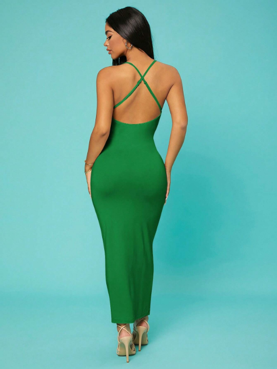 SXY Solid Criss Cross Backless Bodycon Cami Dress