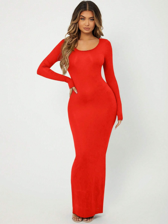 SXY Solid Scoop Neck Bodycon Dress