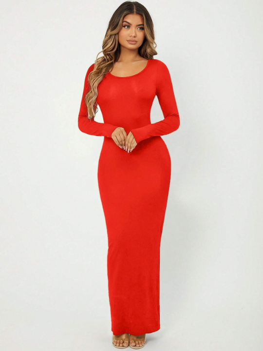 SXY Solid Scoop Neck Bodycon Dress