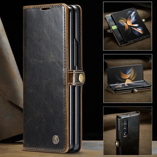 Wallet Case For Samsung Galaxy Z Fold 4 5G Fold4 Cover With Card Holder Retro Luxury Flip Premium Artificial Leather