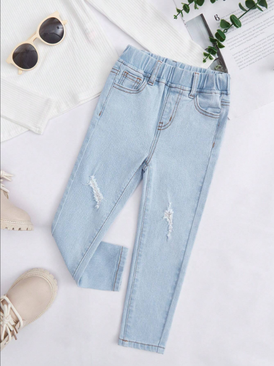 SHEIN Young Girl Ripped Frayed Elastic Waist Jeans