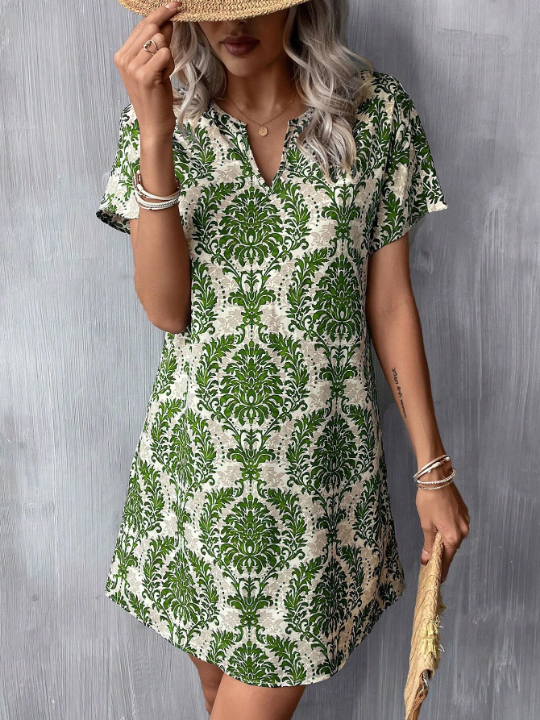 LUNE Summer Allover Print Notched Neck Batwing Sleeve Tunic Dress