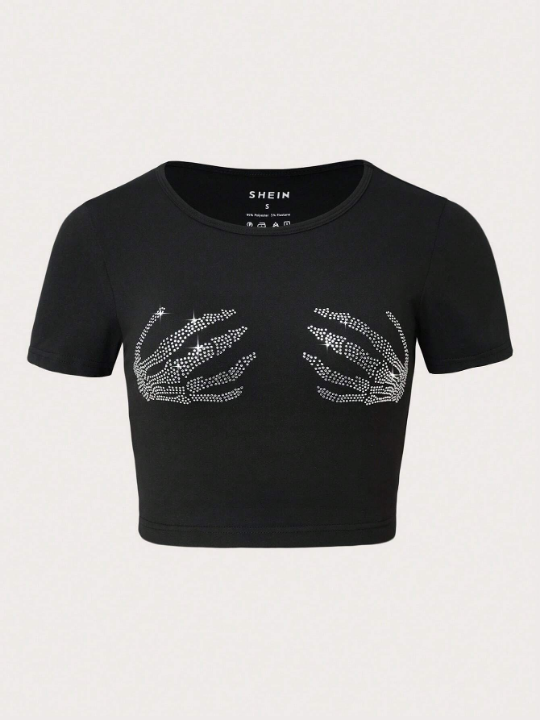 Coolane Skeleton Hand Rhinestone Detail Crop Tee