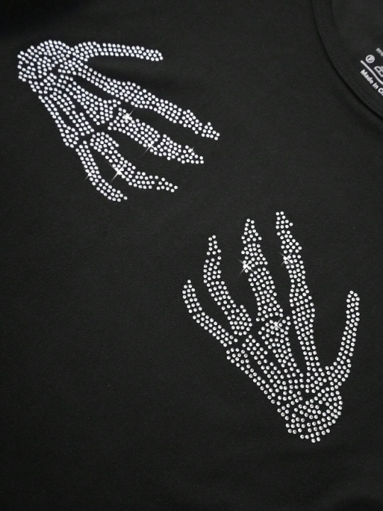 Coolane Skeleton Hand Rhinestone Detail Crop Tee