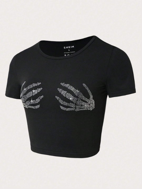 Coolane Skeleton Hand Rhinestone Detail Crop Tee