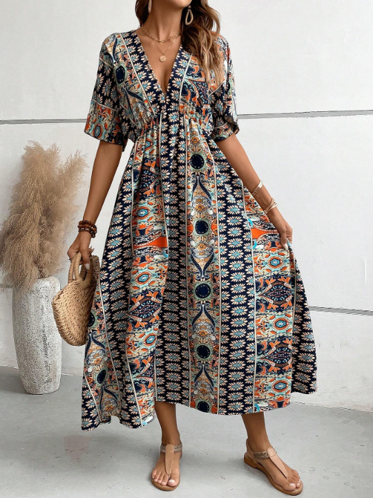 VCAY Allover Print Batwing Sleeve Dress