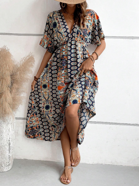 VCAY Allover Print Batwing Sleeve Dress