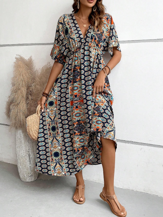 VCAY Allover Print Batwing Sleeve Dress