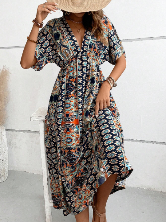 VCAY Allover Print Batwing Sleeve Dress