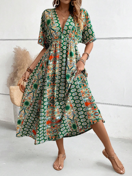 VCAY Allover Print Batwing Sleeve Dress