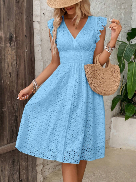 VCAY Eyelet Embroidery Ruffle Trim Dress