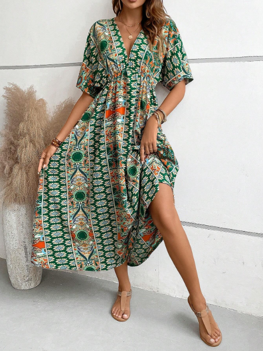 VCAY Allover Print Batwing Sleeve Dress