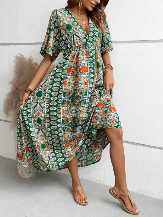 VCAY Allover Print Batwing Sleeve Dress