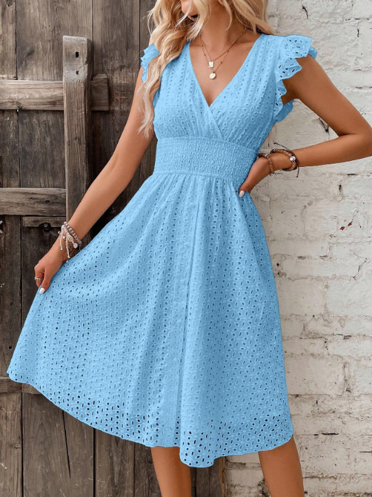 VCAY Eyelet Embroidery Ruffle Trim Dress