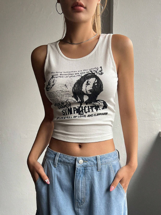 DAZY Slogan & Figure Graphic Crop Tank Top