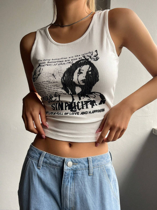 DAZY Slogan & Figure Graphic Crop Tank Top