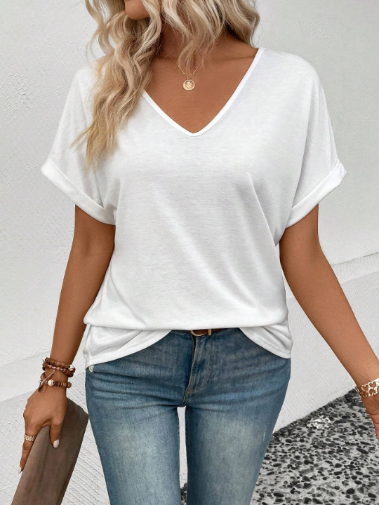 LUNE Solid Batwing Sleeve V Neck Tee