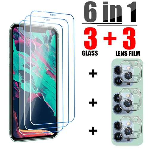 6-in-1 Tempered Glass Screen Protector For IPhone 11 12 13 Pro XR X XS Max On 14 Pro Max Mini 7 8 6S Plus SE 2020