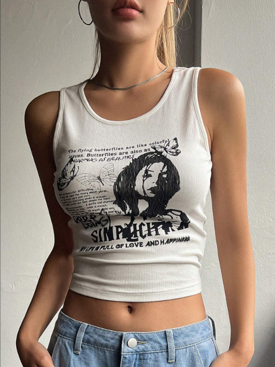DAZY Slogan & Figure Graphic Crop Tank Top