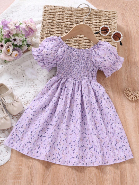 Young Girl Ditsy Floral Print Puff Sleeve Dress