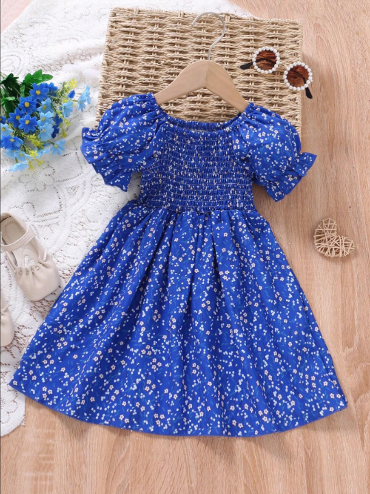 Young Girl Ditsy Floral Print Puff Sleeve Dress