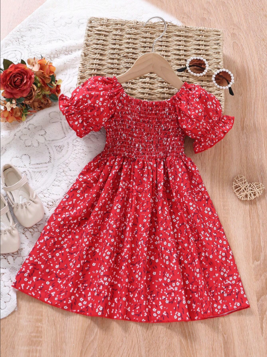 Young Girl Ditsy Floral Print Puff Sleeve Dress