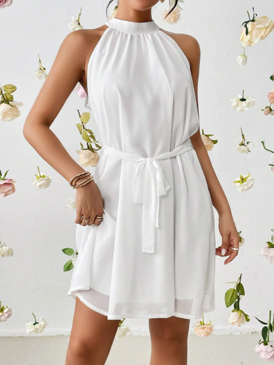 Priv Solid Belted Halter Neck Dress