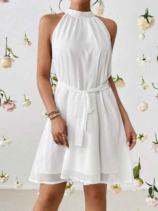 Priv Solid Belted Halter Neck Dress