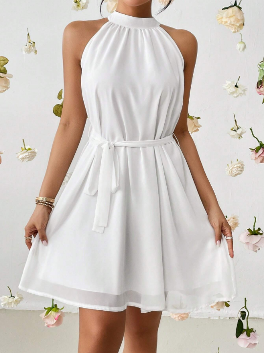 Priv Solid Belted Halter Neck Dress