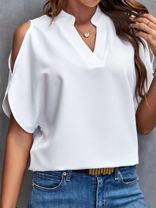 Clasi Solid Cold Shoulder Split Sleeve Blouse White Shirt