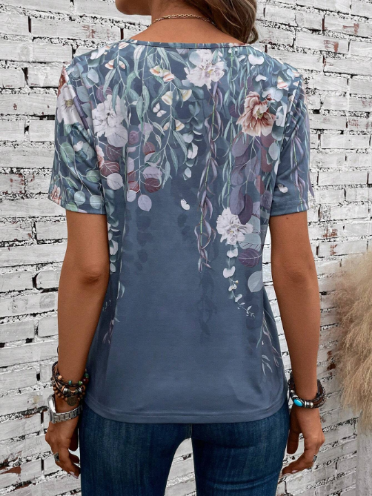 EMERY ROSE Spring Floral Print Half Button Graphic Tee Shirt