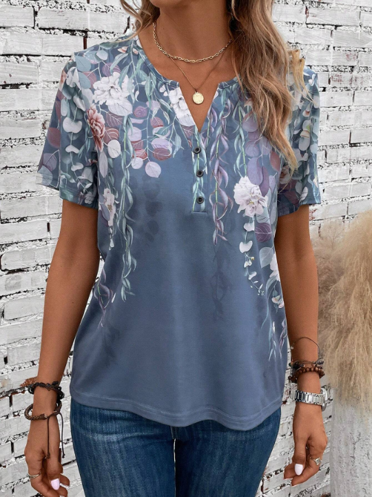 EMERY ROSE Spring Floral Print Half Button Graphic Tee Shirt