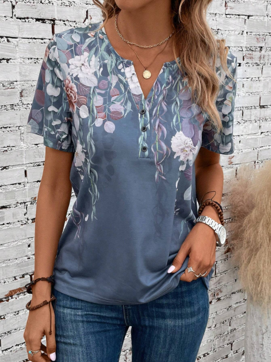 EMERY ROSE Spring Floral Print Half Button Graphic Tee Shirt