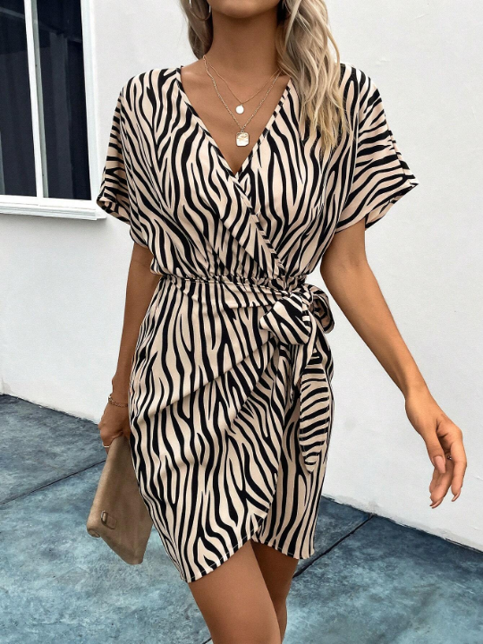 Zebra Striped Batwing Sleeve Knot Side Wrap Dress