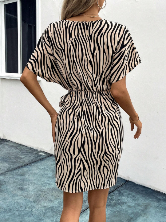 Zebra Striped Batwing Sleeve Knot Side Wrap Dress