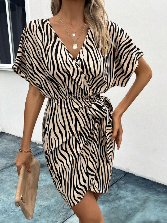 Zebra Striped Batwing Sleeve Knot Side Wrap Dress