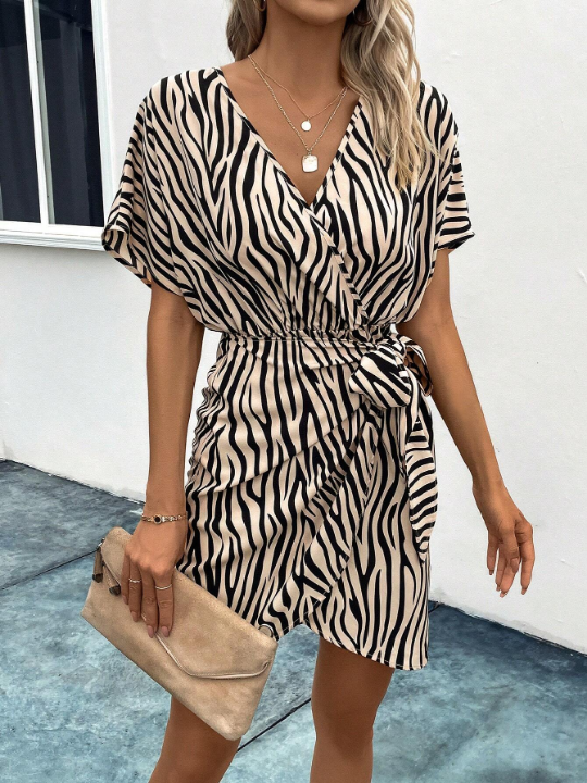 Zebra Striped Batwing Sleeve Knot Side Wrap Dress