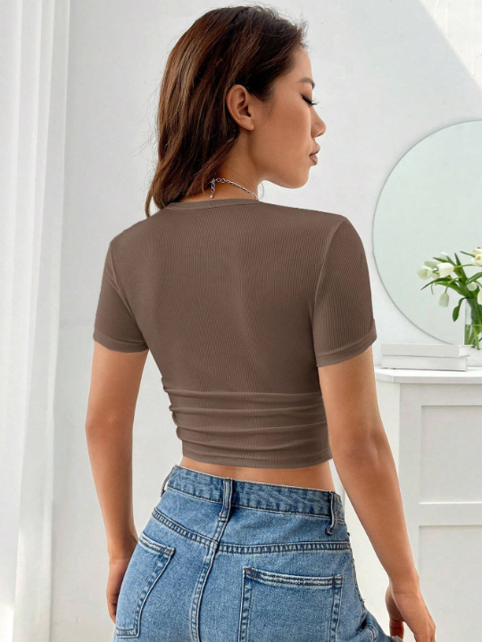 EZwear Solid Ruched Ribbed Knit Crop Tee